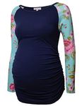 Maternity Long Sleeve Shirts Raglan Floral Print T-Shirt Baseball Crew Neck Pregnancy Shirts Tops Navy/Mint M