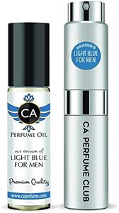 CA Perfume Duo Impression of Light Blue For Men Eau de Parfum Refillable Atomizer Sprayer + Fragrance Body Oil Long Lasting Sample Travel Size Roll-On Bottle 0.27 Fl Oz+0.33 Fl Oz