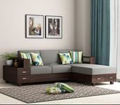 Mamta Furniture Solid Sheesham Woode Sofa Set 5 Seater L Shape with Attached 4 Shelf Drawer Without Small Pillows for Living Room Furiture - Walnut Finish