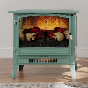 Country Living Infrared Freestanding Electric Fireplace Stove Heater in Mineral Blue | Multiple Flame Colors, Metal Design with Faux Wooden Logs | Alexa/WiFi Enabled, Remote Control