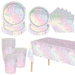 Rainbow Shiny Glitter Birthday Party Tableware Set for Girls Women,81pcs Macaron Diamond Themed Birthday Disposable Dinnerware Party Paper Plates Cups Napkins and Tablecloth for Her Birthday Party