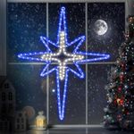 Wettal Christmas Star of Bethlehem LED Star Hanging Lights Nativity Holy Family Light for Door Window Porch Wall Decoration Plug Operated Lighted Star Hanging Tree Topper(Blue, Light Yellow,28")