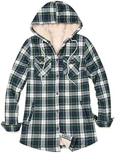 ZENTHACE Women's Plaid Green Sherpa Lined Flannel Hooded Jacket - Small