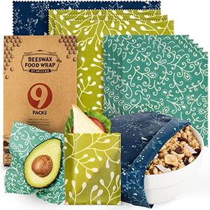 Reusable Food Wraps w/Beeswax Assorted 9 Packs - Eco-Friendly Reusable Wraps, Biodegradable, Zero Waste, Organic, Sustainable, Plastic-Free Food Storage, 5S, 3M, 1L w/Abstract Curves Pattern