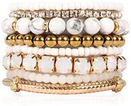 RIAH FASHION Multi Color Stretch Beaded Stackable Bracelets - Layering Bead Strand Statement Wrap Bangles (Natural Stone - White Howlite/Gold, 7.0 Inches)