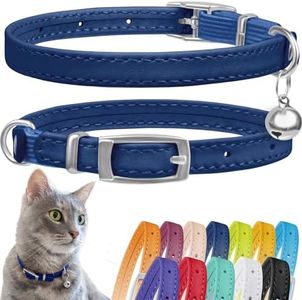 CollarDirect Leather Cat Collar with Elastic Safety Strap and Bell for Boy, Girl, Kitten (Neck Fit 9"-11", Navy Blue)