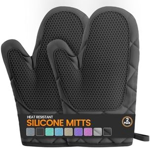 Silicone Oven Mitts, Heat Resistant 2PCS Oven Mitts with Soft Cotton Lining, Waterproof Non-Slip Grip Oven Glove, Kitchen Potholder Mits for BBQ, Baking, Cooking, 10.5Inch - Dark Black