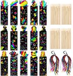 LATERN 96Pcs Scratch Art Bookmarks, 12 Style Magic Scratch Rainbow Bookmarks Animal Scratch Art Paper for Kids School Classroom Tags Party Bags Filler - with 96Pcs Wooden Stylus, 96Pcs Satin Ribbons