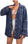 MakeMeChic Women's Lapel Button Down Cargo Denim Jacket Loose Y2K Outerwear with Pocket Blue Large