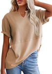 SHEWIN Womens Tops Trendy 2025 Solid Color V Neck Waffle Knit Top Summer Short Sleeve Tee Shirt Loose Fit Tshirts Shirts for Women,US 8-10(M),Khaki