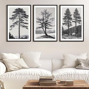 PHOPAGO Vintage Tree Framed Wall Art Large 24x36in Antique Retro Forest Wall Decor Nature Wilderness Sketch Paints Modern Decor - Black Framed
