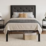 SHA CERLIN Twin Size Metal Platform Bed Frame,Fabric Upholstered Button Tufted Headboard, Mattress Foundation with 17 Strong Slats Support, No Box Spring Needed, Easy Assembly, Dark Grey