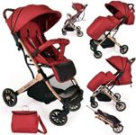 Lightweight Stroller, Baby Pushchair, Compact Travel Buggy, One Hand Foldable, Upgraded Weheels, Four Seasons Stroller, Foot Cover, Mommy Bag, Rain Cover (Red - Rose Gold Frame)