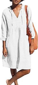 Lafural Womens V Neck Cotton Casual Loose Shift Tunic Smock Summer Dresses Vacation Dress 3/4 Sleeve Pocket, White, Medium