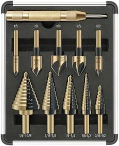 OSTTE 5 Pack Step Drill Bit & 5 Pack Countersink Drill Bit Set, 50 Sizes HSS Titanium Coated Bits for Metal, Stainless Steel, Aluminum, Wood & Plastic with Aluminum Storage Case for DIY