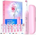 TEETHEORY Rotating Electric Toothbrush with Travel Case for Adults Pink, 8 Brush Heads (2 Types) 4 Modes Deep Clean Electric Toothbrush with 25-Days Rechargeable Power and Smart Timer