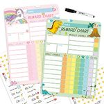 Magnetic Dry Erase Chore Chart for Two Kids at Home, Reward Chart for Kids Behavior; Each Set includes 26 Static Tasks, 63 Golden Stars and One 8.5"x 12" Dinosaur & Unicorn Magnetic Chart