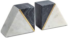 Cork & Mill Marble Book Ends for Shelves, Decorative Bookends for Heavy Books, Unique Mid Century Modern Gray and White Bookends with Brass Inlay, Heavy Duty Bookshelf Stopper, Set of 2