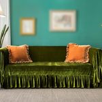 Velvet Sofa Cover Soft Decorative Luxurious Solid Exquisite Ruffle Trim,Retro Farmhouse Vintage Sofa Slipcover Couch Furniture Protector for 2-3 Cushion Sofa for Living Room 1PC 71x118 IN Olive Green