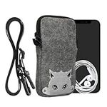 kwmobile Felt Phone Bag with Design L - 6.5" - 16.5 x 8.9 cm Strap Holder - Curious Cat Grey/White