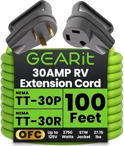GearIT 30-Amp Extension Cord for RV and Auto, (100-Feet) 3-Prong 125-Volt 10/3 STW 10AWG Gauge 3 Wire, NEMA TT-30P to TT-30R, Outdoor Camper Power Cord