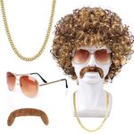 MOVINPE Brown Afro Wig for Men Sunglasses Necklace Moustache Disco Wigs for Men Halloween 70s 80s Disco Accessories