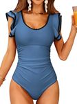 Charmo One Piece Swimsuit Ruffle Sleeves Sexy U Neck Ruched Tummy Control Bathing Suits Color Block Swimwear for Women Blue L