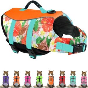 Mklhgty Hawaiian Dog Life Jacket - Adjustable Ripstop Vest with Rescue Handle for Swimming Boating, High-Flotation Safety Device for Small Medium Large Dogs (Floral Orange, XS)