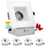 Luxrite 4 Inch Square LED Recessed Lighting with Junction Box, 15W, 1200 Lumens, 3 Color Options 3000K - 5000K, Regressed LED Downlight, 36° Spotlight, Dimmable, CRI 90, IC Rated, Damp Rated (4 Pack)