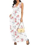 LILBETTER Women Sleeveless Deep V Neck Loose Plain Long Maxi Casual Dress, Flower White, Medium