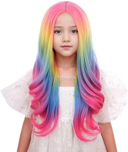 DUDUWIG Kids Rainbow Wig Long Wavy Wig Pastel Wigs for Girls Colorful Wig for Cosplay Halloween Hairnet Include