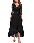 Miusol Women's V-Neck Floral Lace Classy Ruffle Design Wedding Party Maxi Dress (Large, Black)