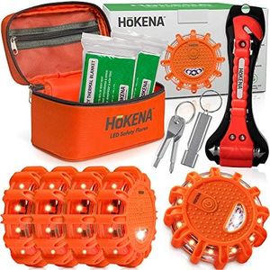 HOKENA 11 Piece Set -LED Road Flares | Roadside Emergency Lights for Vehicles | Boat Flares - Roadside Safety Disc w/Thermal Blanket, Window Breaker Seatbelt Cutter & Premium Road Flare Container Bag