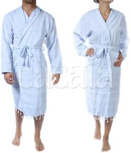 Cacala 100% Turkish Cotton Kimono Design Pestemal Unisex Bathrobe, Luxurious Soft Hooded Bathrobes for Men Women, Quick Dry Extra Absorbent Luxury Plush Long Robe, Baby Blue, Large