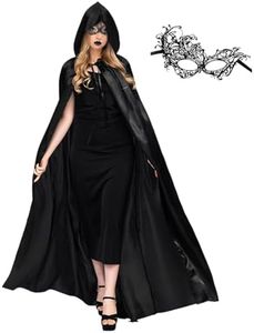 LKOIVNED Cape à Capuche avec Masque pour Les Yeux, Deguisement Halloween Adulte Noir Vampire Cape Costume pour Femmes Halloween Carnaval Masquerade Faucheuse Sorcière Cosplay Party (L)