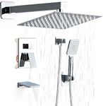 LCEVCGK Shower Faucet Set Complete Chrome Shower System with 12 inch Square Rainfall Shower Head 3-Function Handheld Shower Waterfall Bathtub Spout Rain Shower Combo Set System Bathroom Wall Mounted