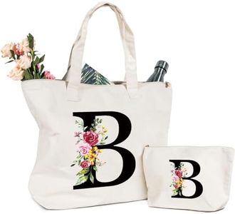 Letras Personalizadas Bolsa de lona, Bolso Tote de Mujer con Inicial y Flores Bolsa de Compras con Bolsillo Interior Alfabeto Bolso de Cosméticos Regalos para Damas Amigas Mamá Regalo Cumpleaños(B)