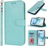 Cavor for iPhone 15 Plus Wallet Case for Women, Flip Folio Kickstand PU Leather Case with Card Holder Wristlet Hand Strap, Stand Protective Cover for iPhone15 Plus 6.7'' Phone Cases-Light Green