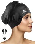 Lasmare Long Hair Swimming Cap Women Men with 3D Ear Protection, Silicone Swim Cap for Long/Short Hair to Keep Hair Dry, Waterproof Adult Swimming Hat Bathing Caps with Ear Plugs & Nose Clip(Black)