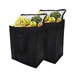 Set of 2 Insulated Grocery Bag Reusable Collapsible Cooler Bags with Dual Zipper for Grocery Transport,Keep Food Warm or Cold,Medium Size 11.8"W x 13.8"H x 6.3"D(Black Color)