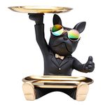 NUACOS French Bulldog Statue Resin Dog Sculpture, Butler Statue With 2 Metal Trays, Key Bowl For Entryway Table, Desk Candy Bowl, Jewelry Earring Tray, Table Decoration Home Decor （Black）