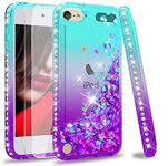 iPod Touch 6 Case,iPod Touch 5 Case with Tempered Glass Screen Protector [2 Pack] for Girls Women,LeYi Glitter Liquid Clear TPU Phone Case for Apple iPod Touch 6th / 5th Gen Gradient Teal/Purple