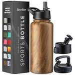 FineDine Triple Walled, Insulated Water Bottles with Straw - 32 Oz Stainless Steel Metal Bottle W/ 3 Leak Proof Lids - For Travel, School, Sports, Gym/Men, Women & Kids - Rustic Grained Sienna