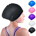 Kids Long Hair Swimming Cap, Silicone Kids Swim Caps for Boys and Girls, Stretchable and Comfortable Swimming Hats, Anti slip Swim Cap for Long Hair (Black)