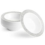 MATANA 40 Premium White Plastic Bowls with Silver Lace Rim, 360ml - Elegant, Sturdy & Reusable - Soup Dessert Bowls for Weddings, Birthdays, BBQ, Parties