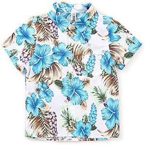 OCHENTA Big Boy's Floral Hawaiian Shirt, Button Down Short Sleeve Casual Beach Aloha Party Tops White Blue 140CM - 6-7 Years