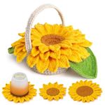 PATPAT Cotton Diy Crochet Sunflower Basket Kit Set Of 5Pcs Diy Sunflower Coaster Kit 5Pcs Sunflower Coaster Kit Starter Friendly Crochet Kit Diy Crochet, Yellow