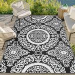 Capslpad Outdoor Rug 120x180cm Recycled Outdoor Patio Rug Waterproof Plastic Straw Rug Reversible Mat Floral Outside Area Rug for Picnic Porch Backyard Balcony Beach Tent Terrace Garden Decor,Black