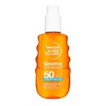 Garnier Ambre Solaire Face and Body SPF 50, Daily UV Hyaluronic Acid Sensitive Advanced Hydrating Sun Water, Protects, Hydrates & Refreshes, Resistance to Water, Sweat & Sand, Face, Body & Hair, 150ml