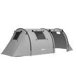 Outsunny 3-4 Man Camping Tent, Large Family Tunnel Tent with Bedroom and Living Room, 3000mm Waterproof, Portable with Bag, for Fishing Hiking Festival, Grey